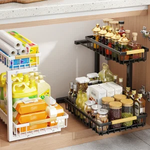Under Sink Organizer, Pull Out Cabinet Organizer 2 Tier Slide Out Sink Shelf, Carbon Steel Cabinet Storage Shelves