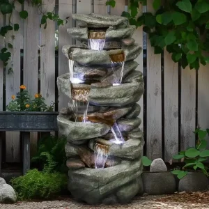 High Rocks Outdoor Water Fountain - 6-Tiers Cascading Waterfall with LED Lights, Soothing Tranquility