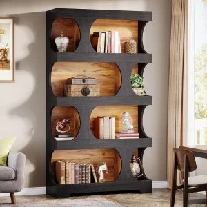 Black Bookcase, Modern Bookshelf, 4-Tier Freestanding Display Shelf with Classic Shape for Living Room, Home Office